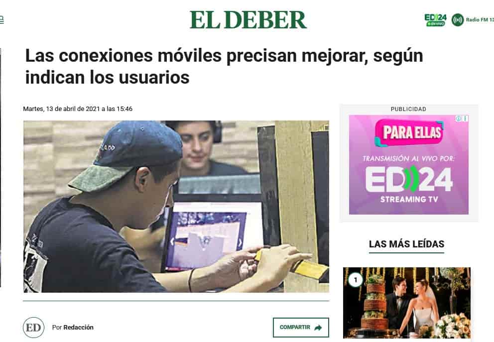 Aparición en prensa: La calidad de las conexiones móviles en Bolivia — percepción de los usuarios (2021)