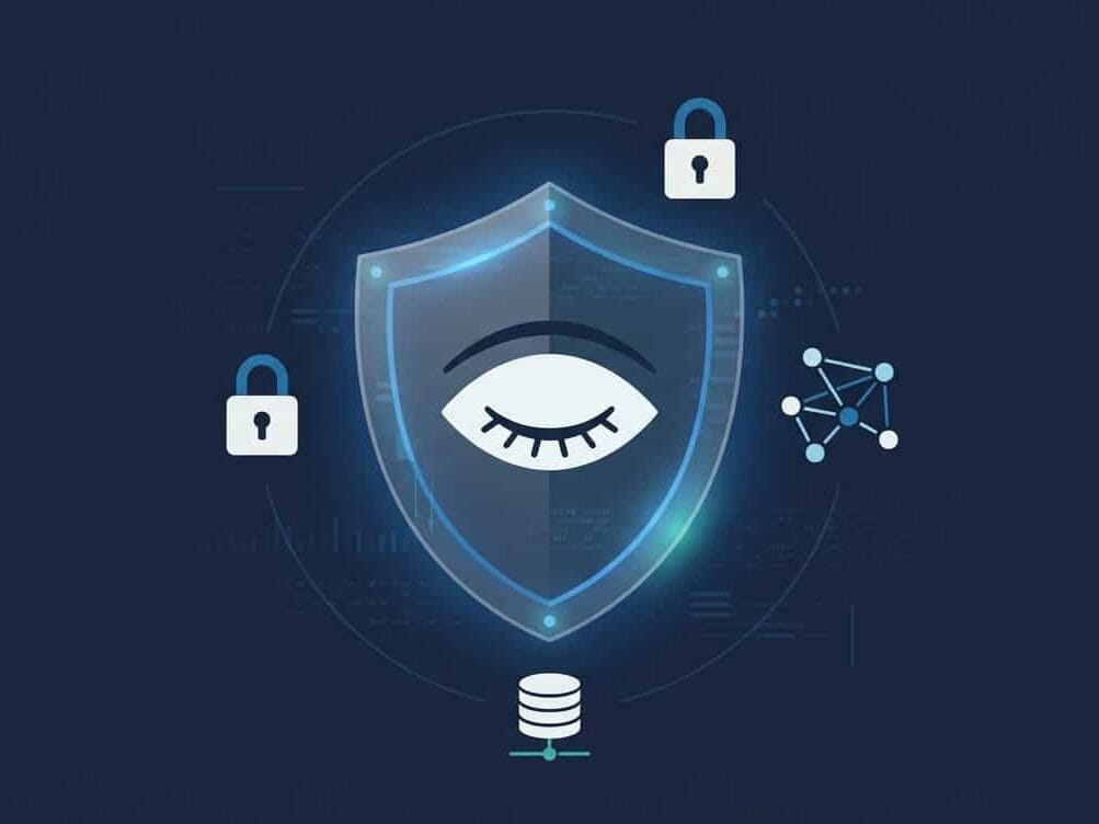 Ilustración sobre Confidencialidad en Seguridad de la Información — escudo digital con ojo cerrado