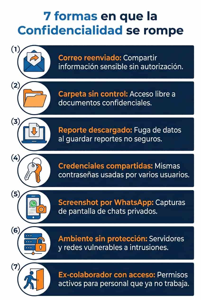 Infografía con 7 formas comunes en que se rompe la Confidencialidad en las organizaciones