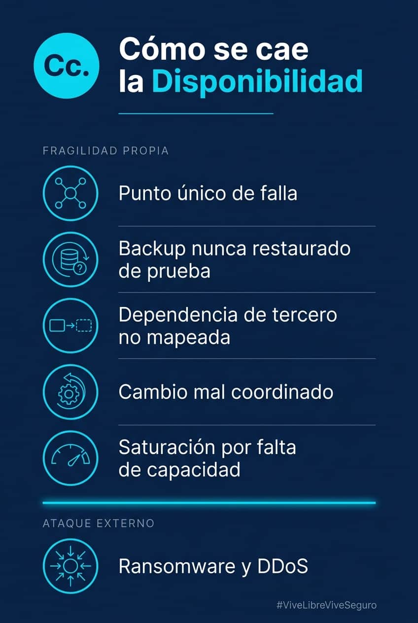 Infografía de las seis formas en que se cae la disponibilidad de un servicio, de la fragilidad propia al ataque externo